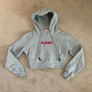 Playboy x Missguided Gray Fitted Cropped Hoodie